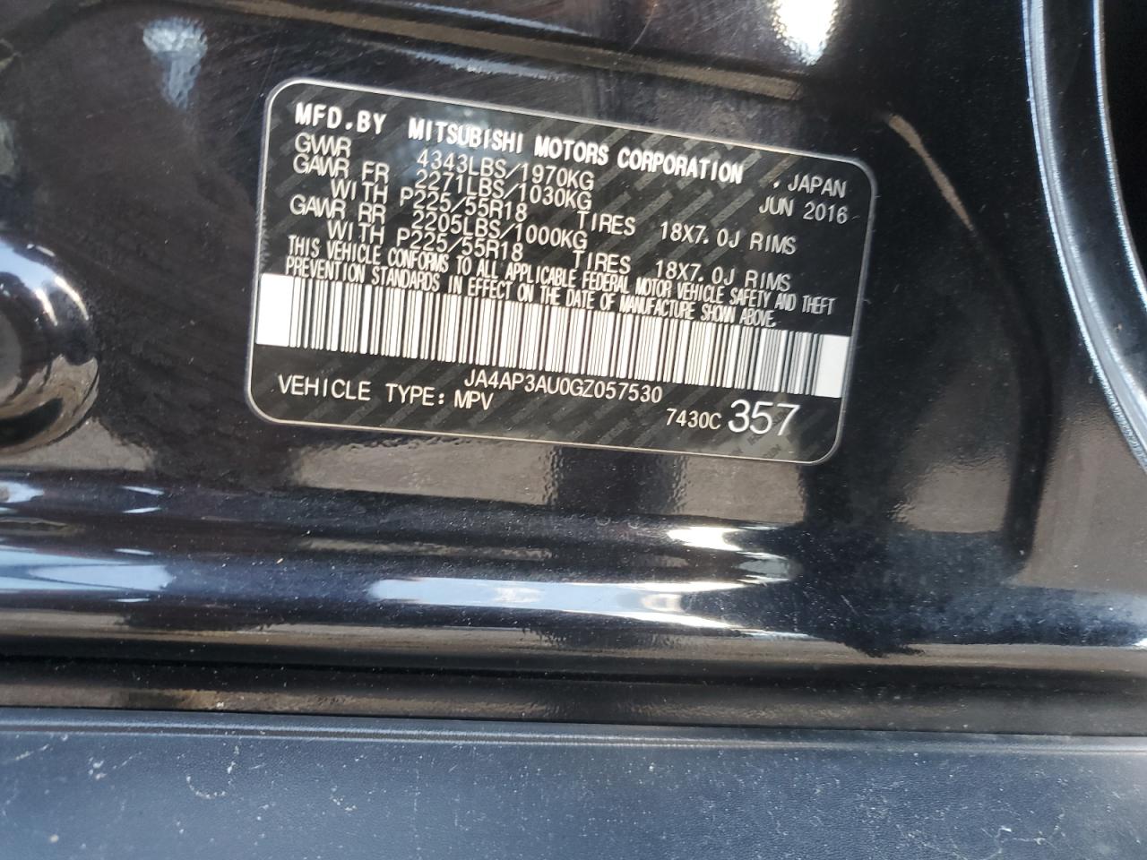 2016 Mitsubishi Outlander Sport Es VIN: JA4AP3AU0GZ057530 Lot: 90115035