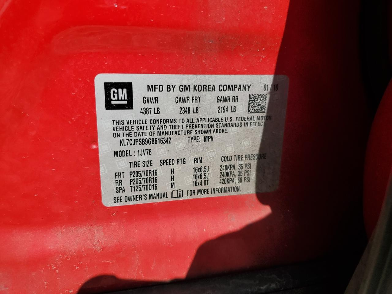 2016 Chevrolet Trax 1Lt VIN: KL7CJPSB9GB616342 Lot: 85164615