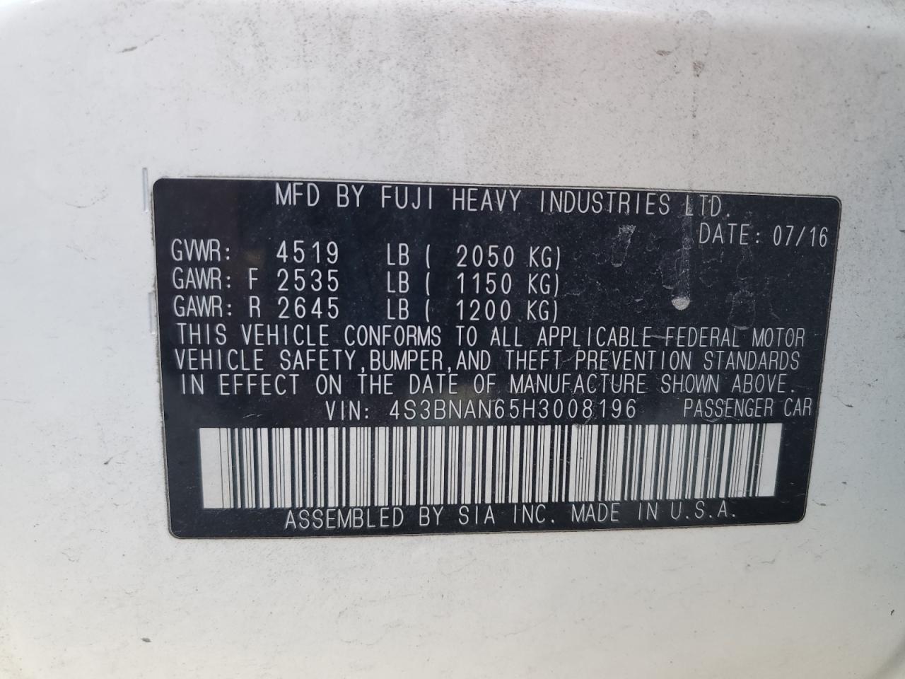 2017 Subaru Legacy 2.5I Limited VIN: 4S3BNAN65H3008196 Lot: 90395635