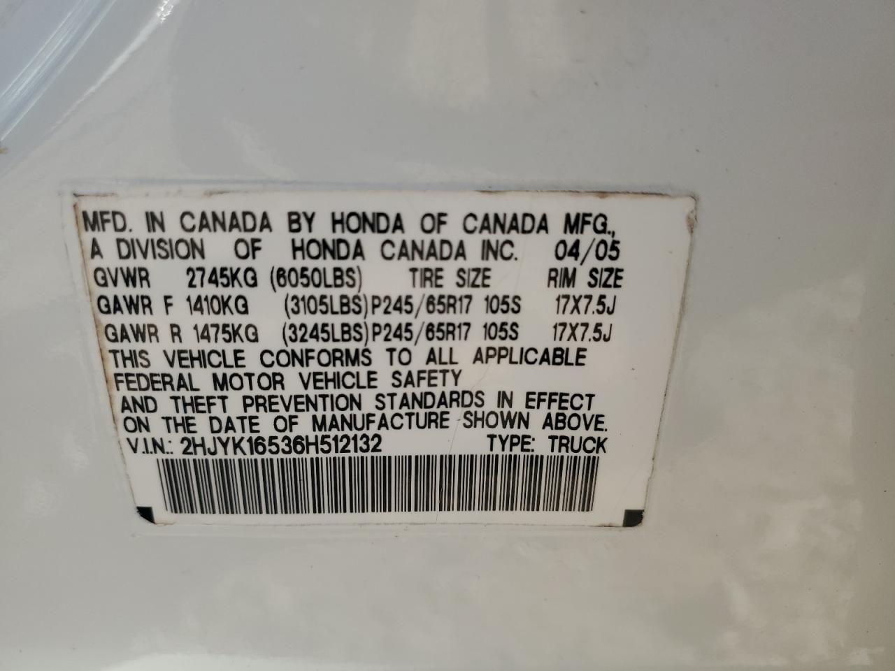 2006 Honda Ridgeline Rtl VIN: 2HJYK16536H512132 Lot: 89650015