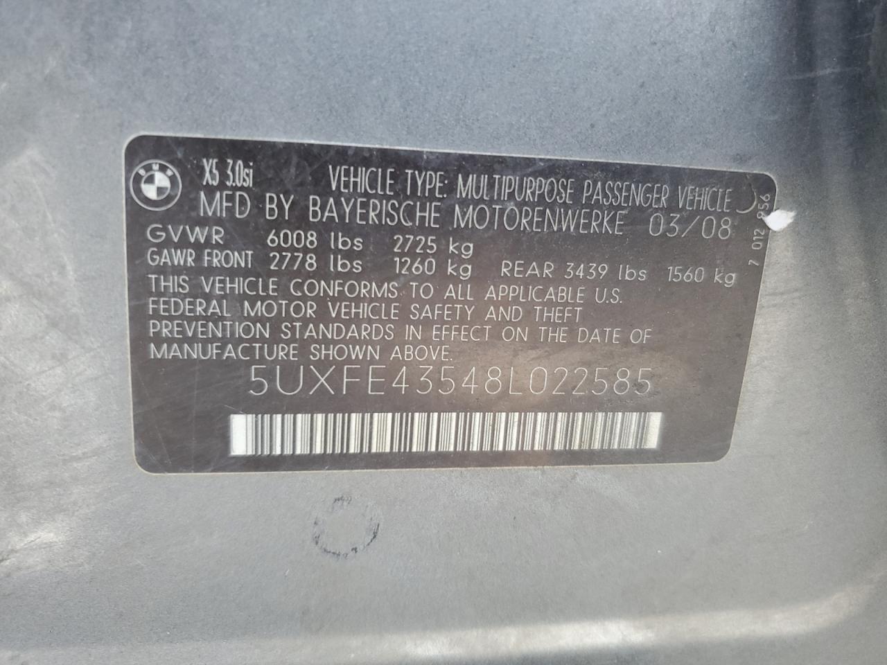 2008 BMW X5 3.0I VIN: 5UXFE43548L022585 Lot: 82310345