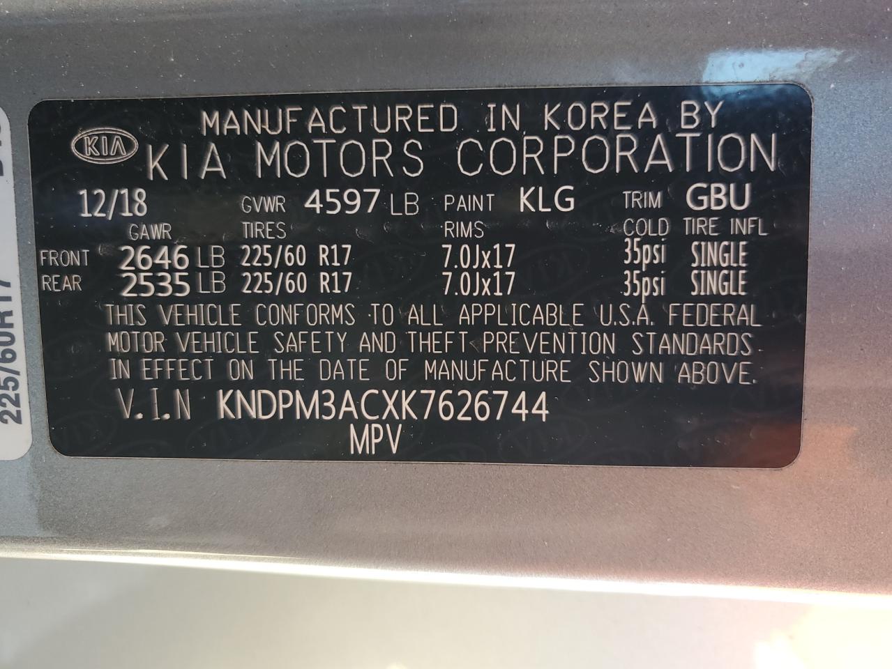 2019 Kia Sportage Lx VIN: KNDPM3ACXK7626744 Lot: 85307255