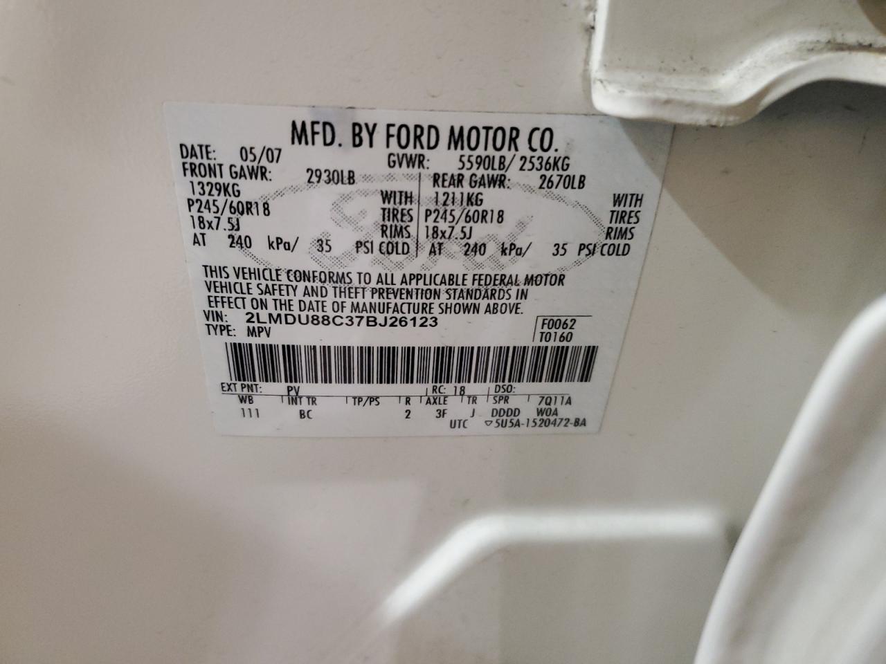 2007 Lincoln Mkx VIN: 2LMDU88C37BJ26123 Lot: 86645645