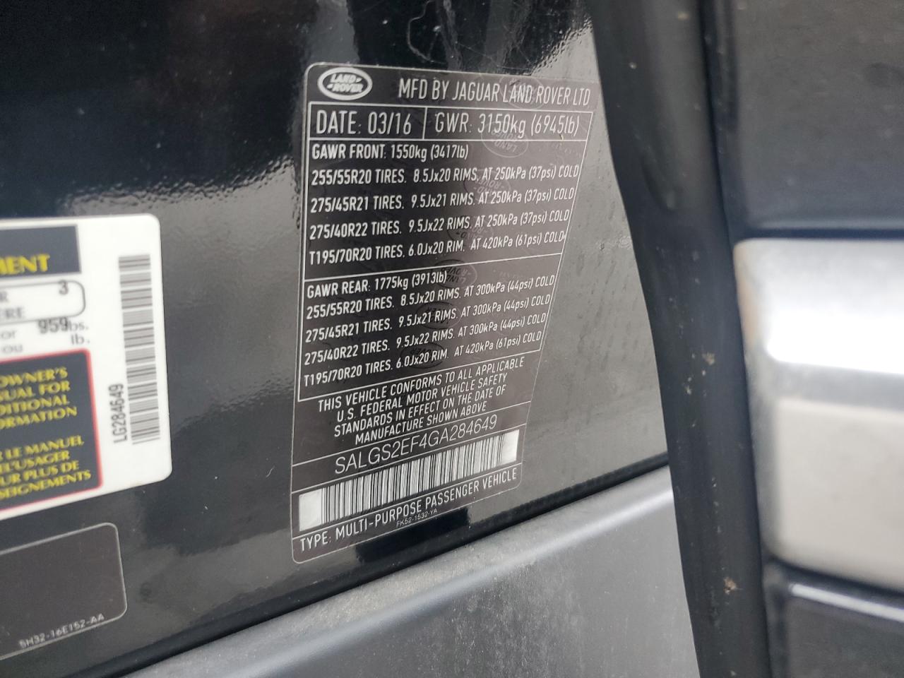 2016 Land Rover Range Rover Supercharged VIN: SALGS2EF4GA284649 Lot: 85767415