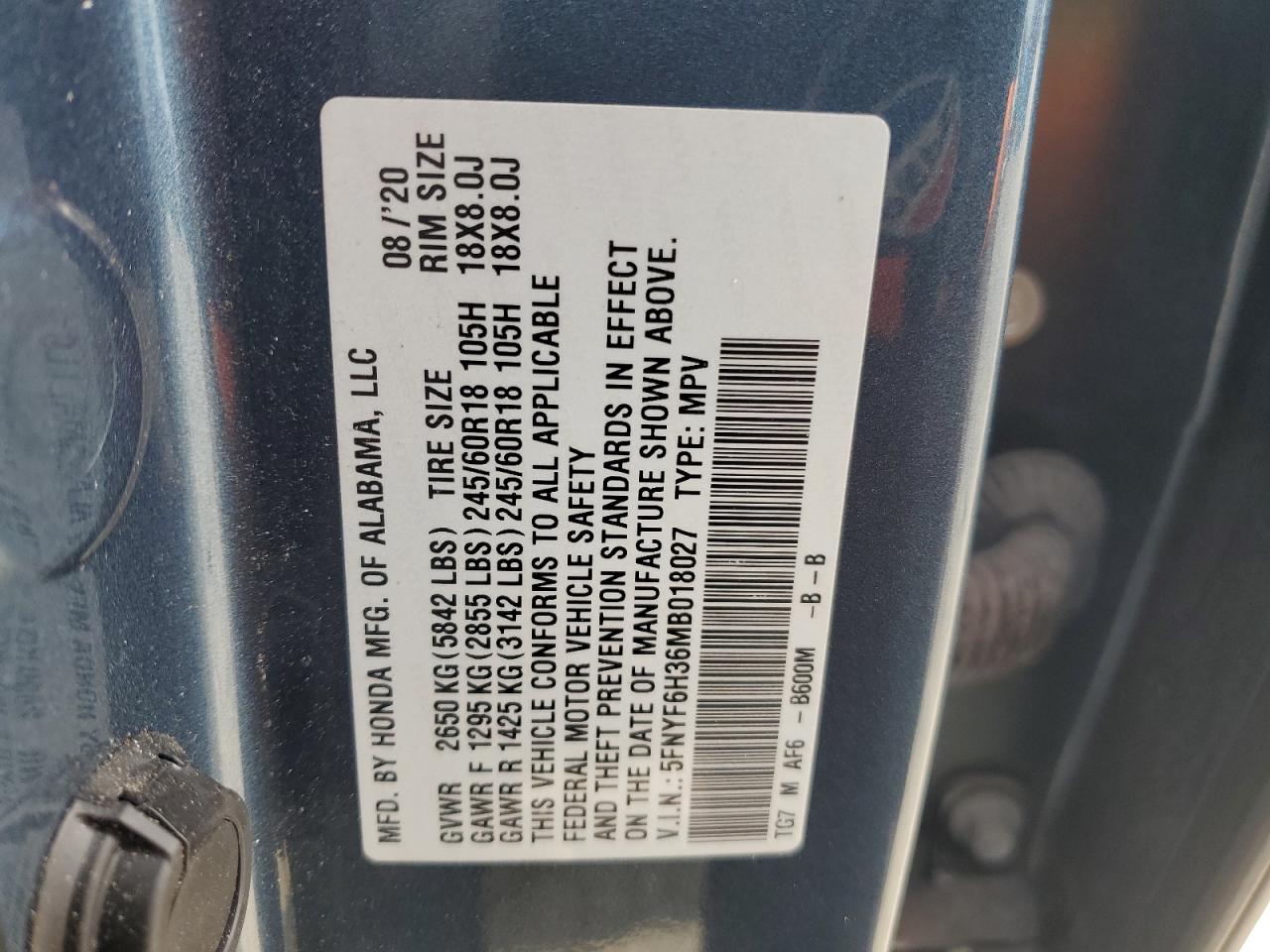 2021 Honda Pilot Ex VIN: 5FNYF6H36MB018027 Lot: 85320905