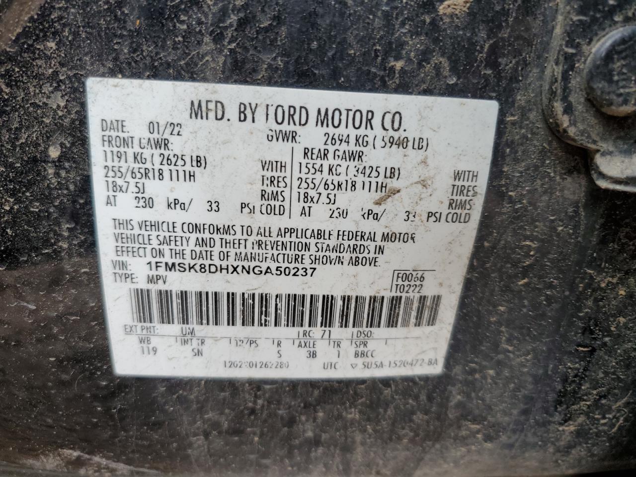 2022 Ford Explorer Xlt VIN: 1FMSK8DHXNGA50237 Lot: 82250585