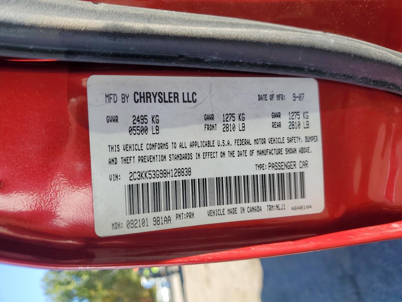 2008 Chrysler 300 Touring VIN: 2C3KK53G98H128838 Lot: 85338285