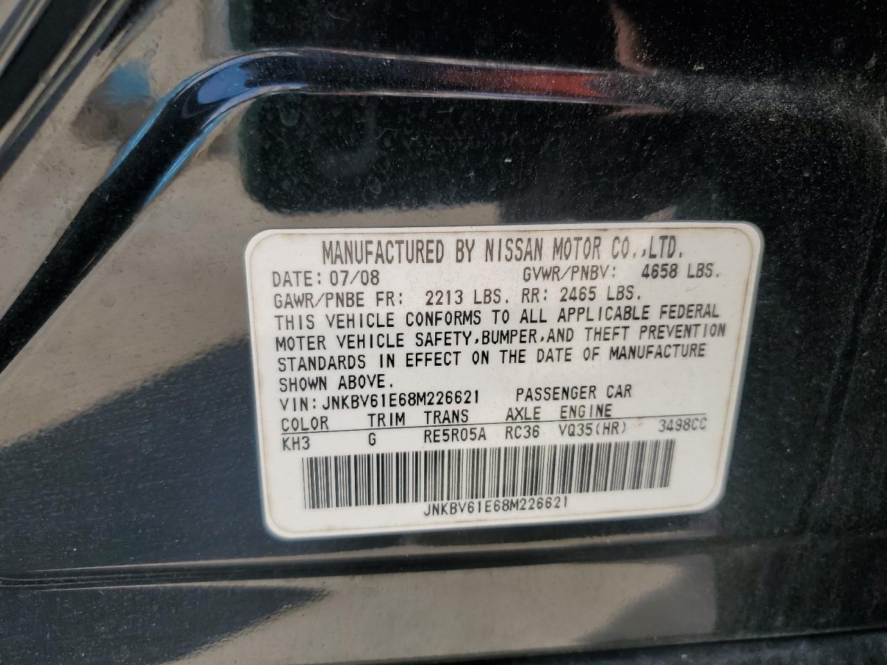 2008 Infiniti G35 VIN: JNKBV61E68M226621 Lot: 84616995