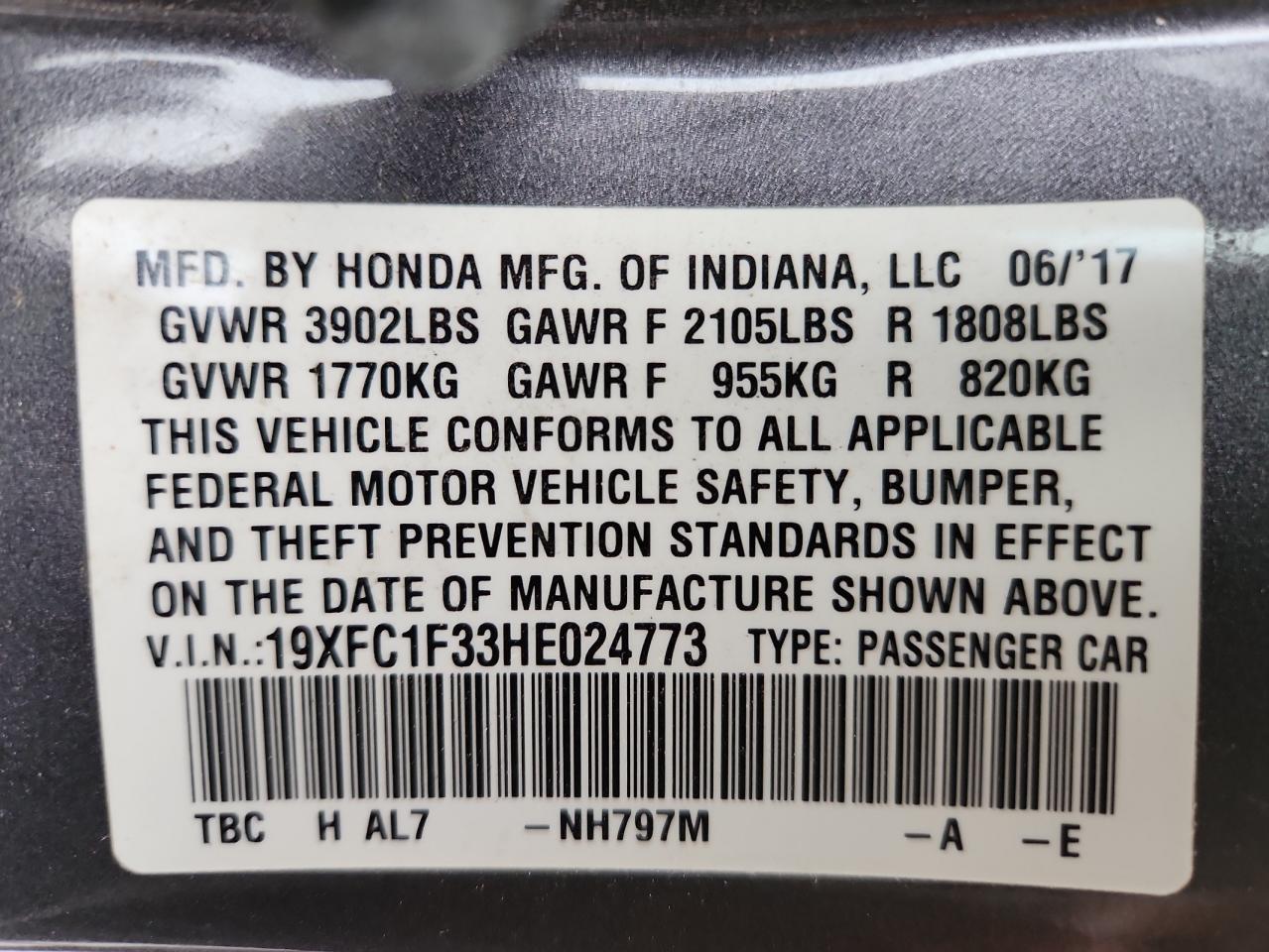 2017 Honda Civic Ex VIN: 19XFC1F33HE024773 Lot: 86300945