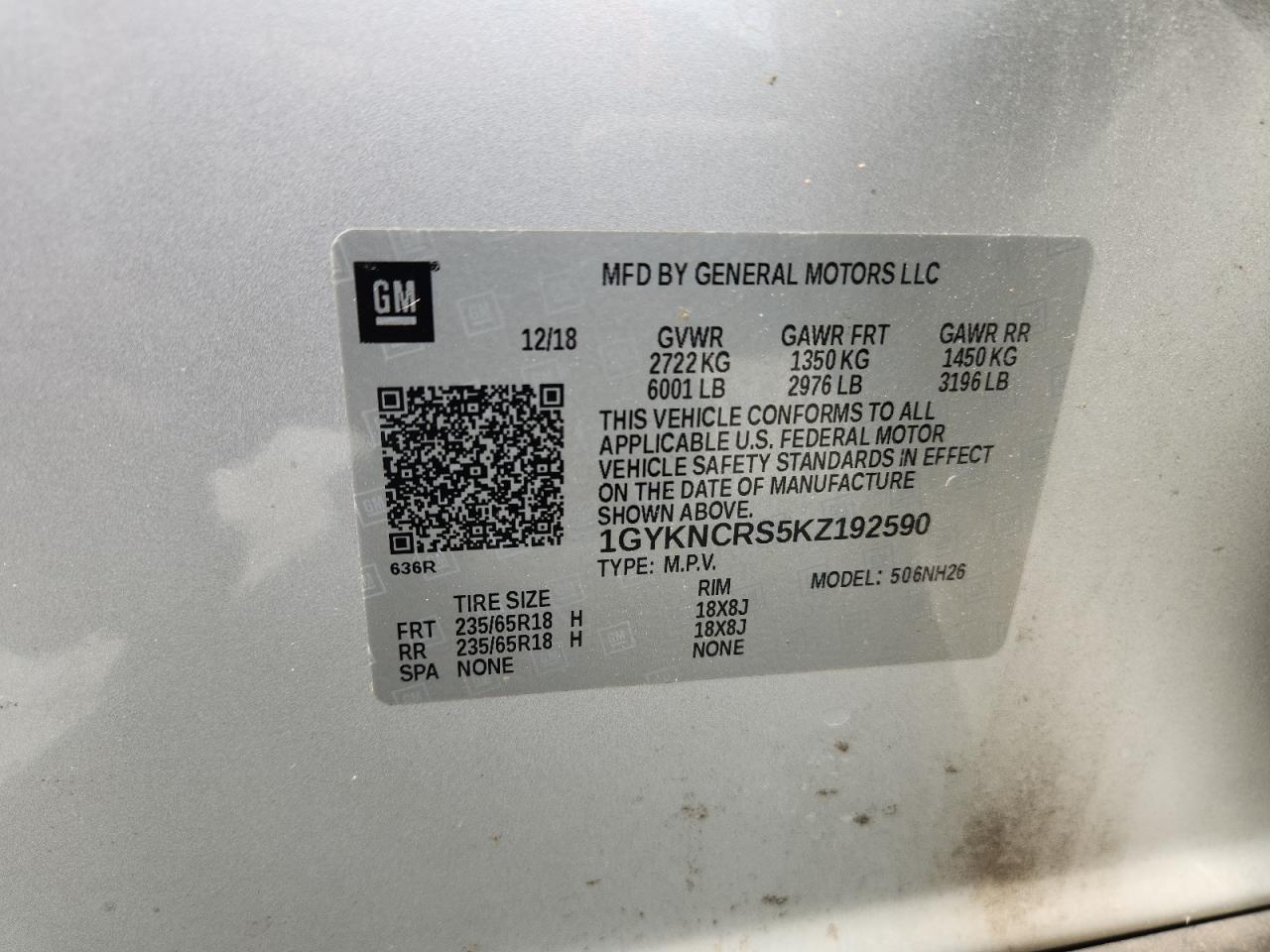 2019 Cadillac Xt5 Luxury VIN: 1GYKNCRS5KZ192590 Lot: 85743525