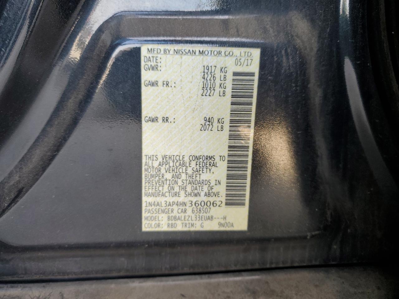 2017 Nissan Altima VIN: 1N4AL3AP4HN360062 Lot: 82448965