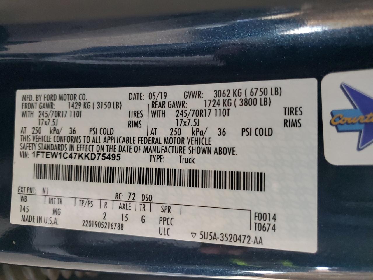 2019 Ford F150 Supercrew VIN: 1FTEW1C47KKD75495 Lot: 85327205