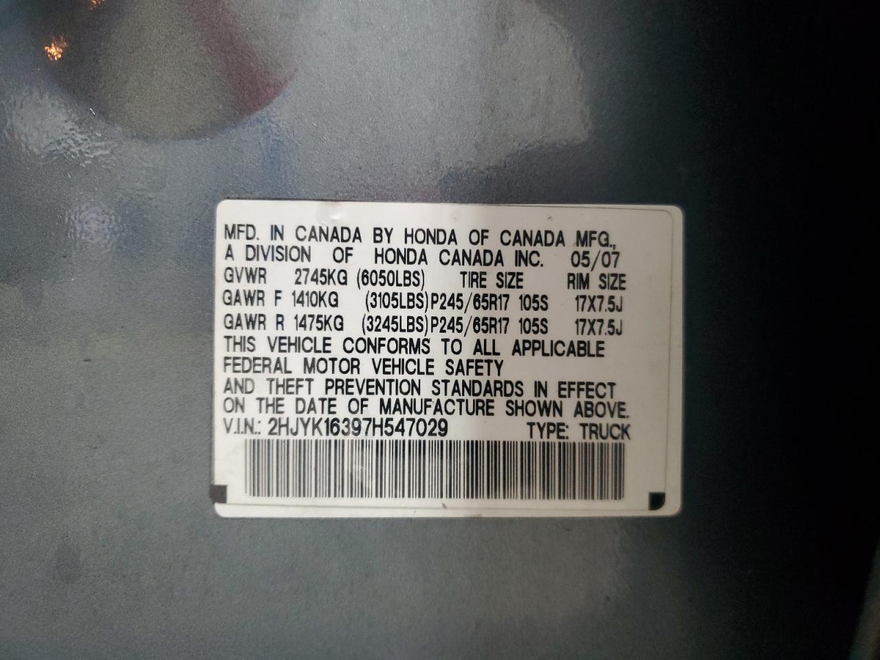 2007 Honda Ridgeline Rtx VIN: 2HJYK16397H547029 Lot: 86600645