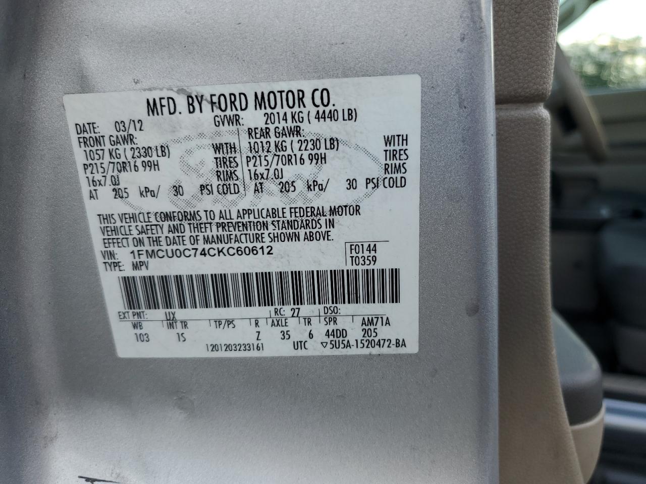 2012 Ford Escape Xls VIN: 1FMCU0C74CKC60612 Lot: 84915725