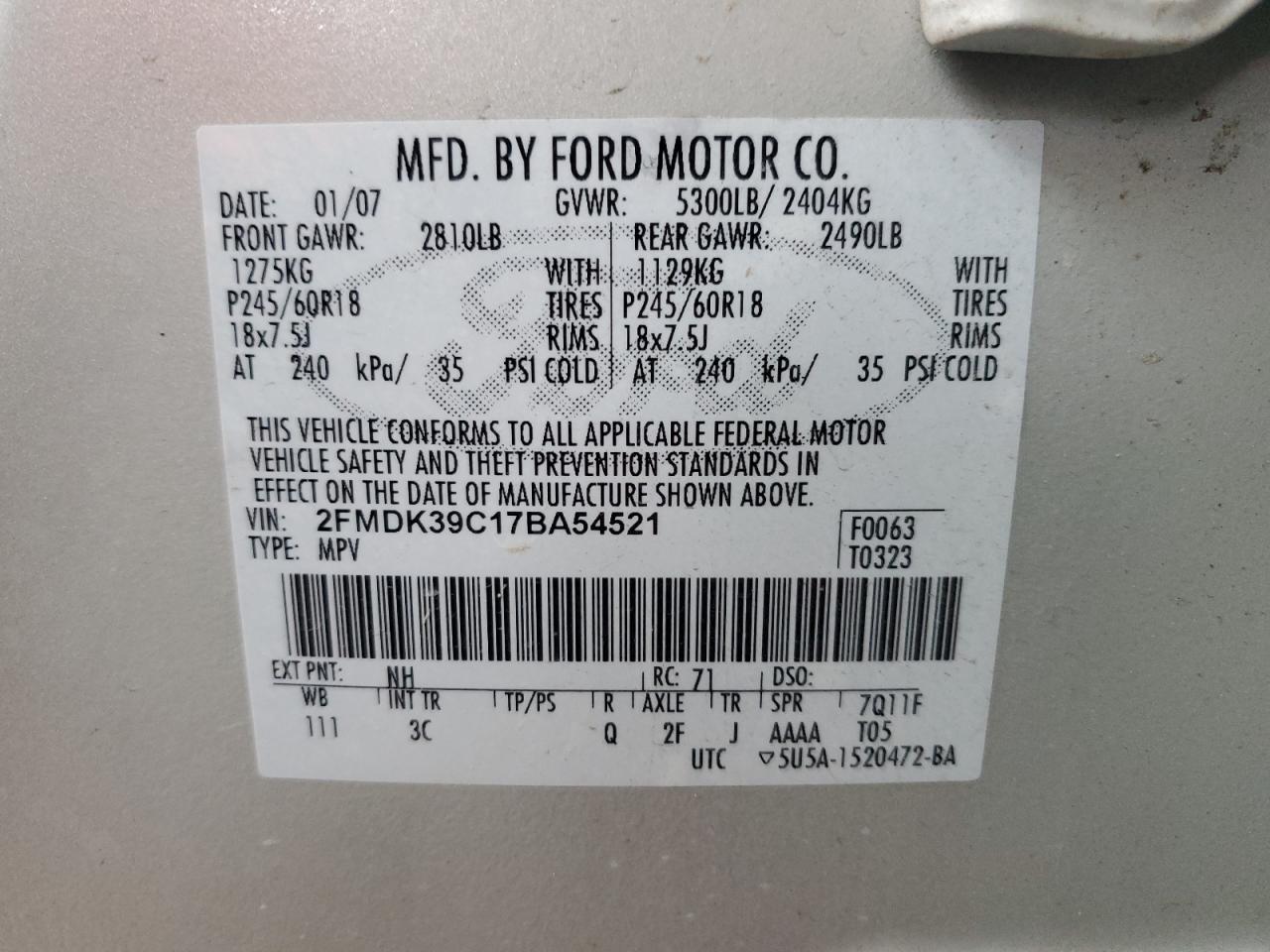 2007 Ford Edge Sel Plus VIN: 2FMDK39C17BA54521 Lot: 82785185