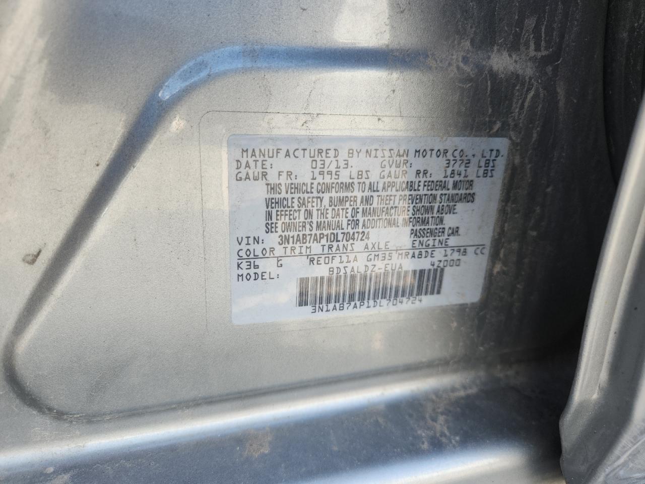 2013 Nissan Sentra S VIN: 3N1AB7AP1DL704724 Lot: 84788675