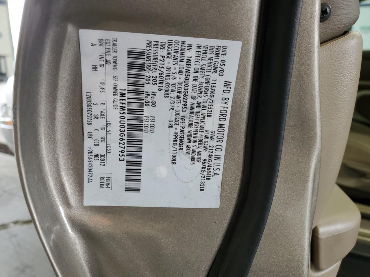 2003 Mercury Sable Gs VIN: 1MEFM50U03G627953 Lot: 86041195