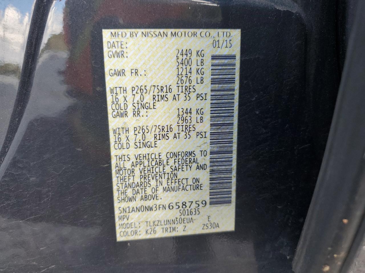 2015 Nissan Xterra X VIN: 5N1AN0NW3FN658759 Lot: 86139585