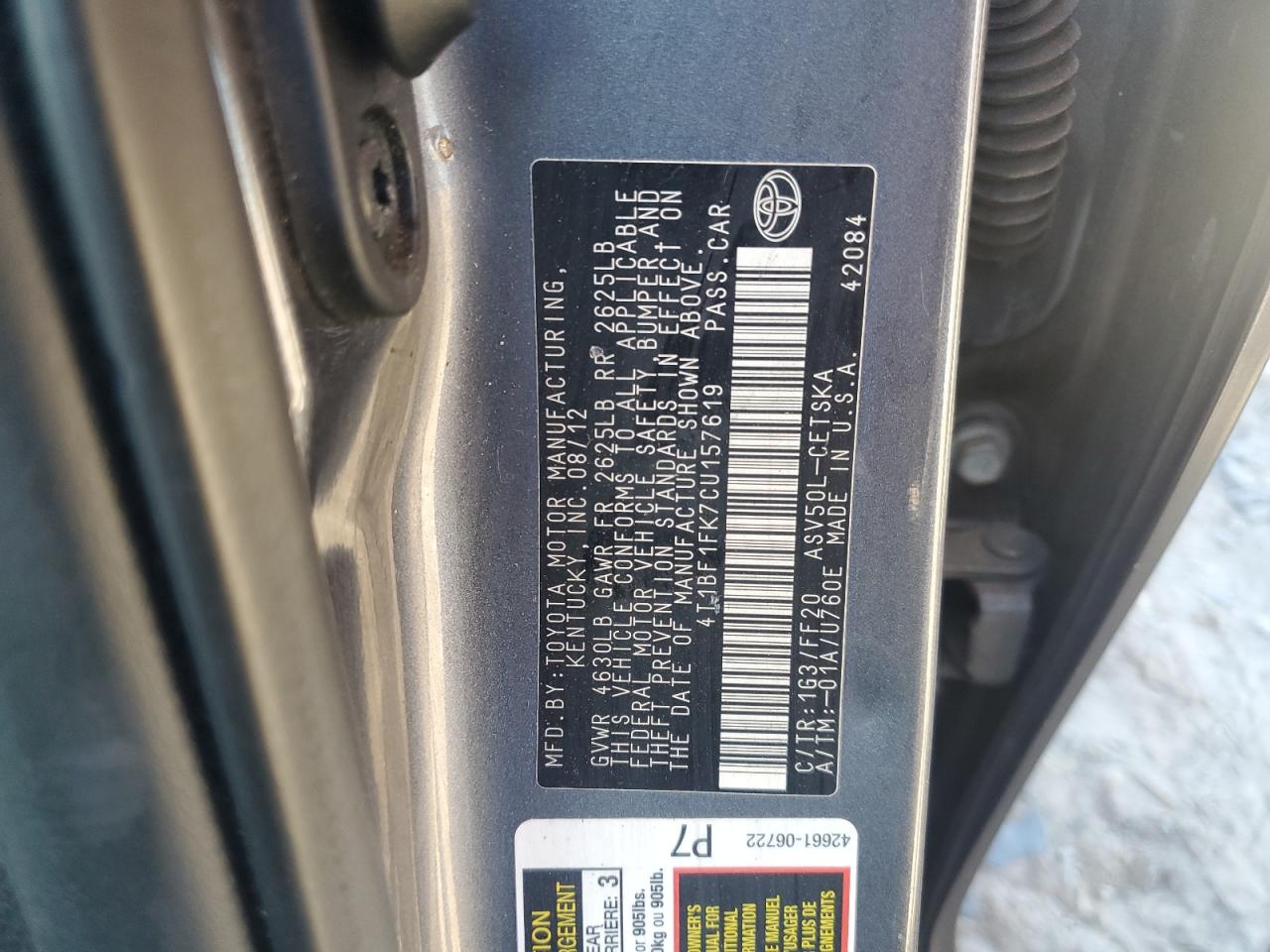 2012 Toyota Camry Base VIN: 4T1BF1FK7CU157619 Lot: 82464315