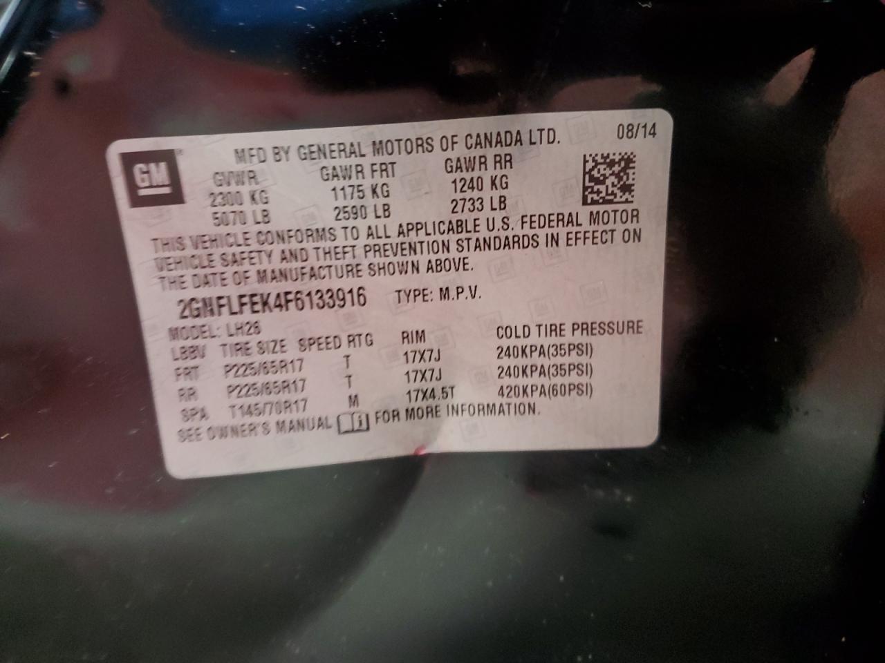 2015 Chevrolet Equinox Lt VIN: 2GNFLFEK4F6133916 Lot: 84974905