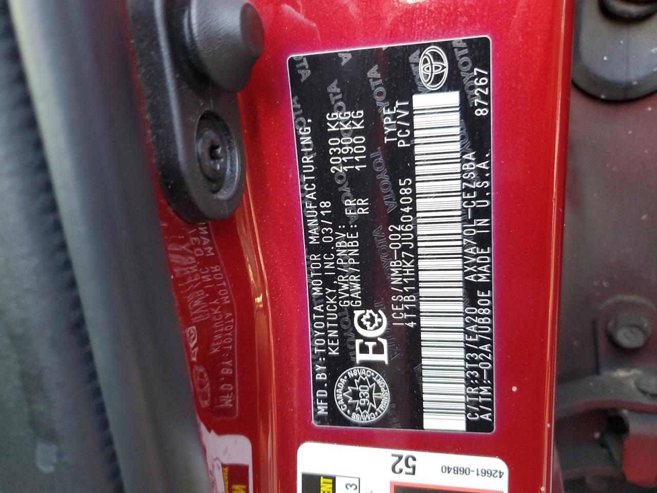 2018 Toyota Camry L VIN: 4T1B11HK7JU604085 Lot: 85263015