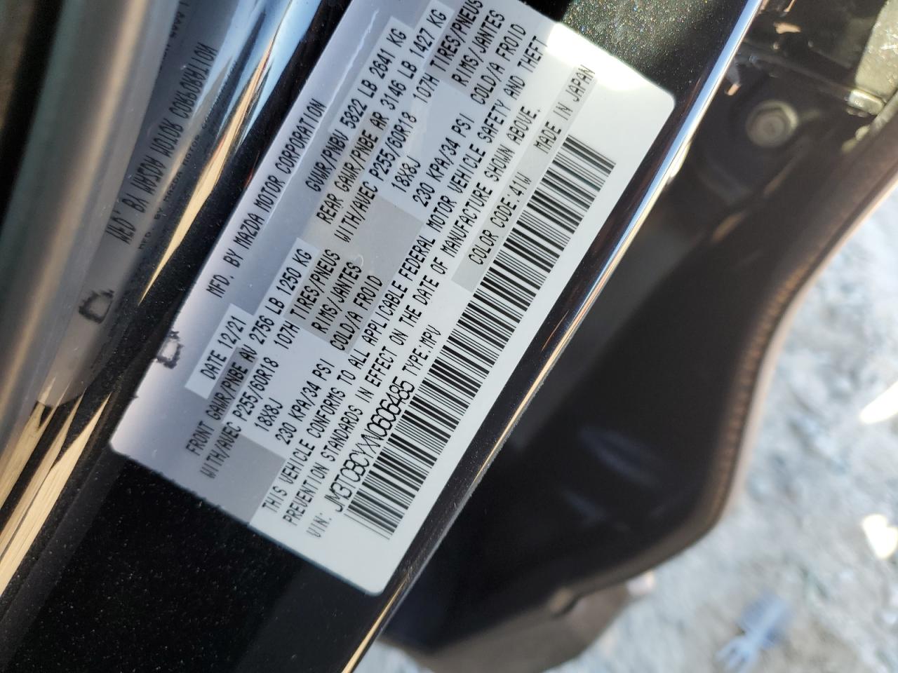 2022 Mazda Cx-9 Touring VIN: JM3TCBCYXN0606485 Lot: 82566995