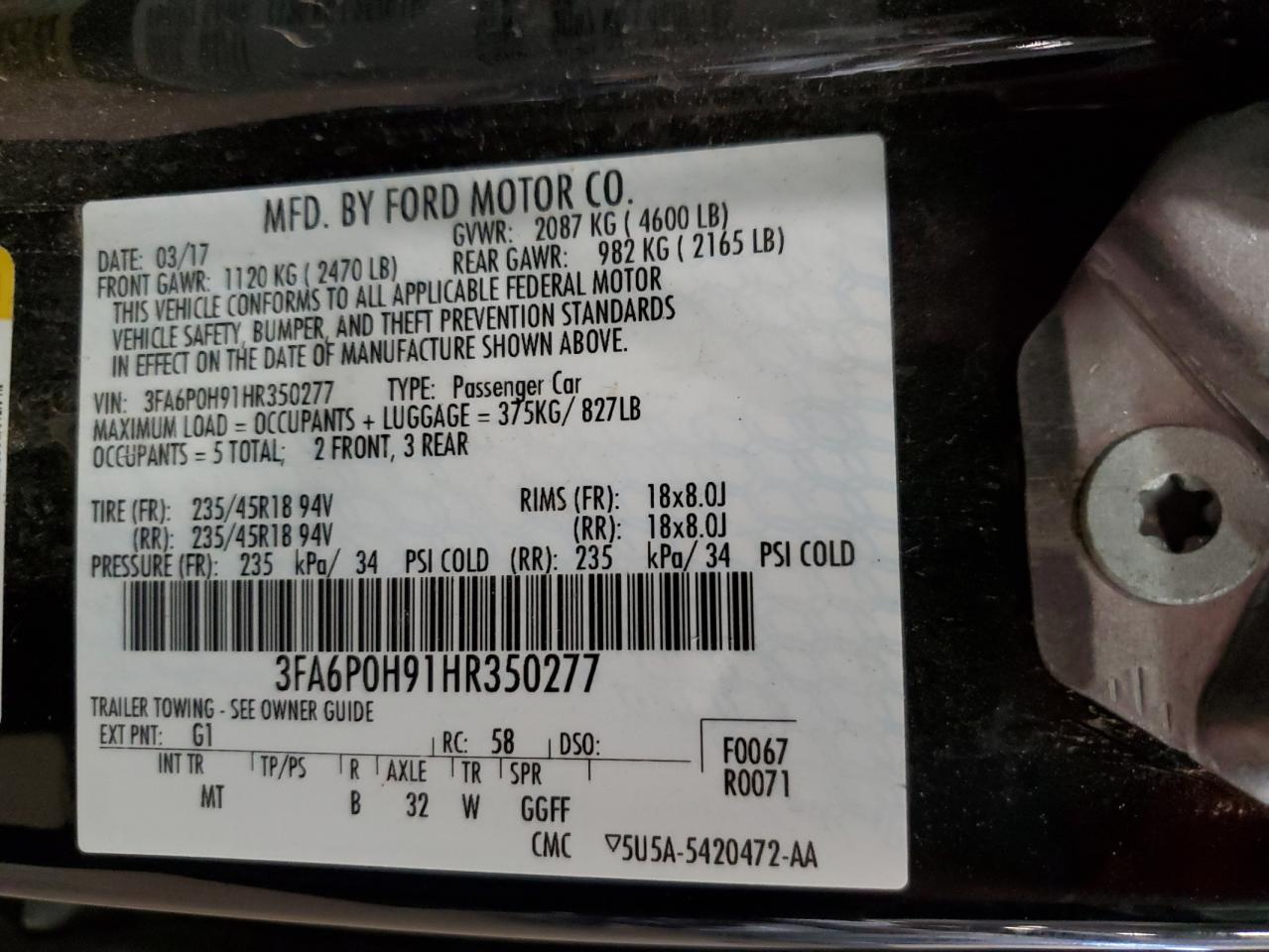 2017 Ford Fusion Se VIN: 3FA6P0H91HR350277 Lot: 85107935