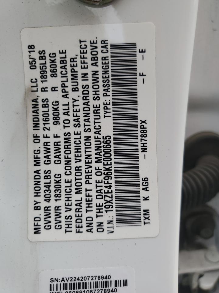 2019 Honda Insight Touring VIN: 19XZE4F96KE000665 Lot: 86879995