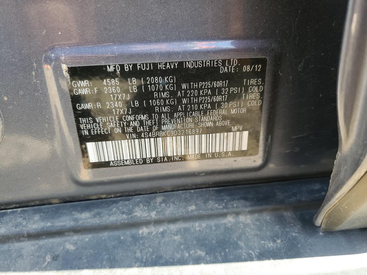 2013 Subaru Outback 2.5I Limited VIN: 4S4BRBKC9D3216897 Lot: 84910685