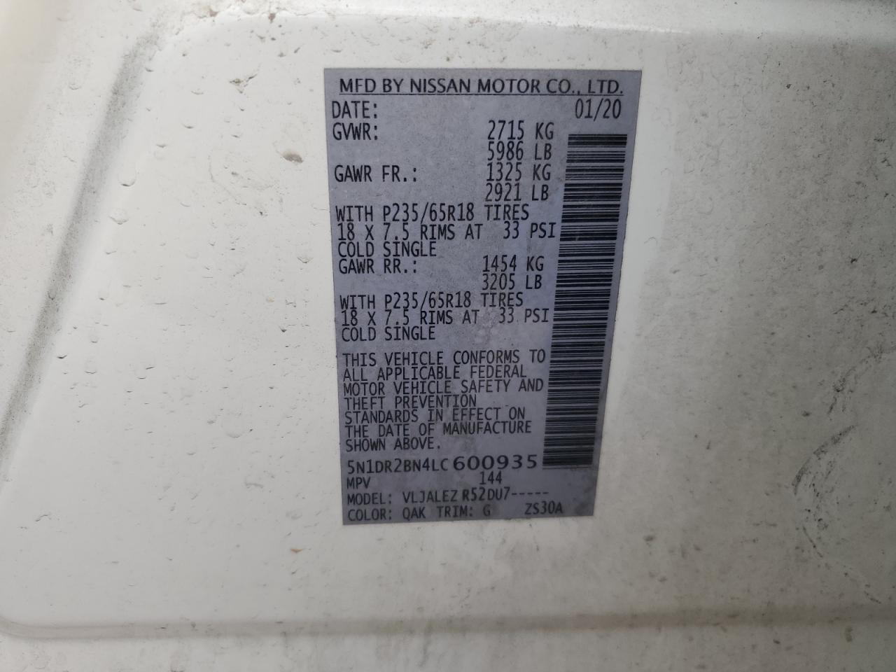 2020 Nissan Pathfinder Sv VIN: 5N1DR2BN4LC600935 Lot: 86627795