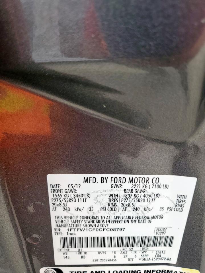 2012 Ford F150 Supercrew VIN: 1FTFW1CF0CFC08797 Lot: 85392695