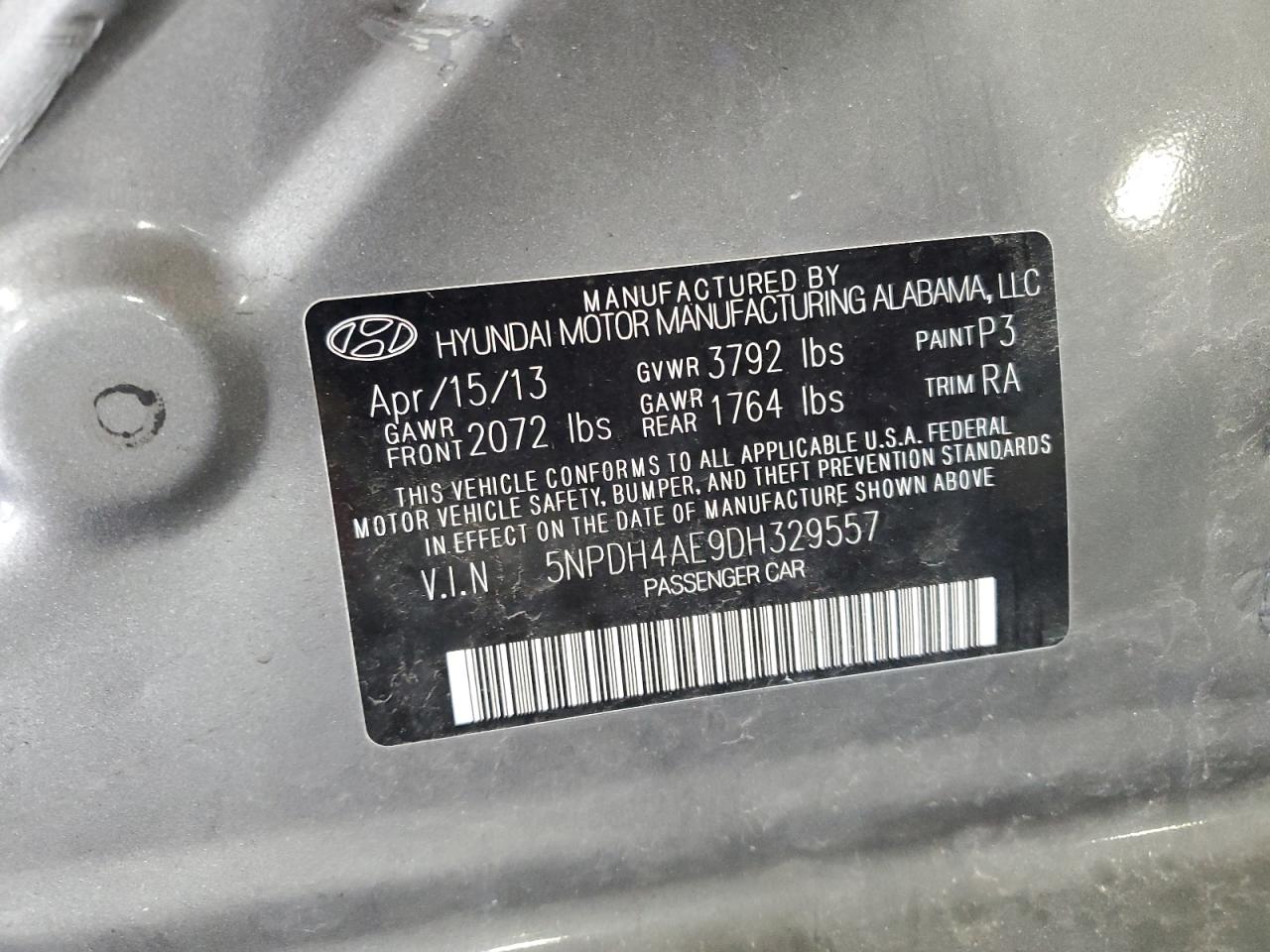 2013 Hyundai Elantra Gls VIN: 5NPDH4AE9DH329557 Lot: 84478665