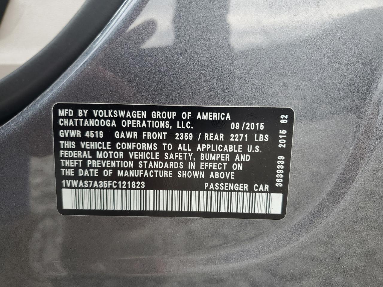 2015 Volkswagen Passat S VIN: 1VWAS7A35FC121823 Lot: 86104435