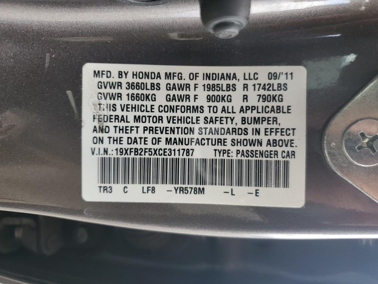 2012 Honda Civic Lx VIN: 19XFB2F5XCE311787 Lot: 86538975