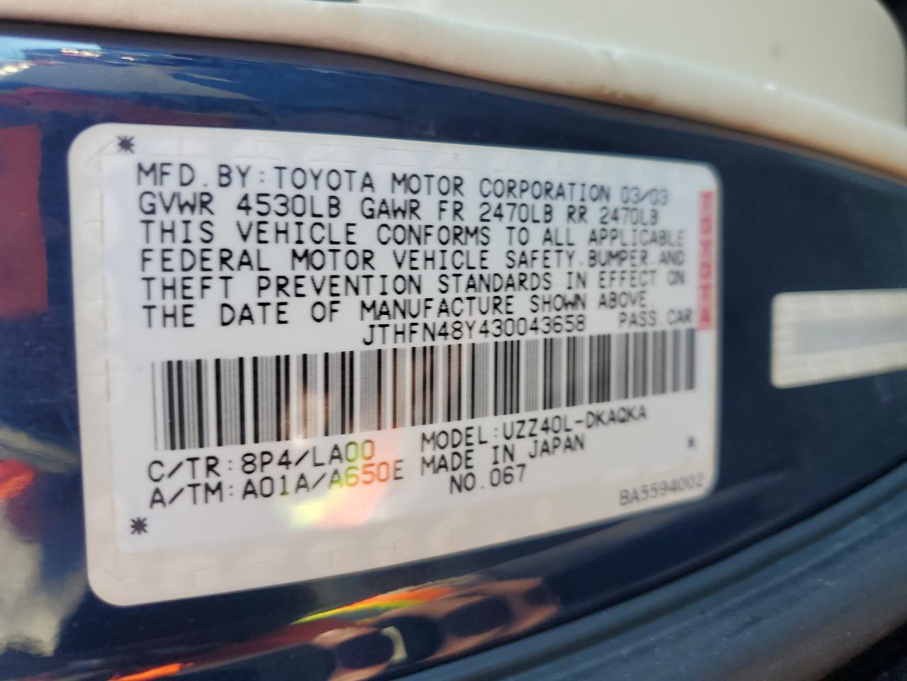 2003 Lexus Sc 430 VIN: JTHFN48Y430043658 Lot: 90292815