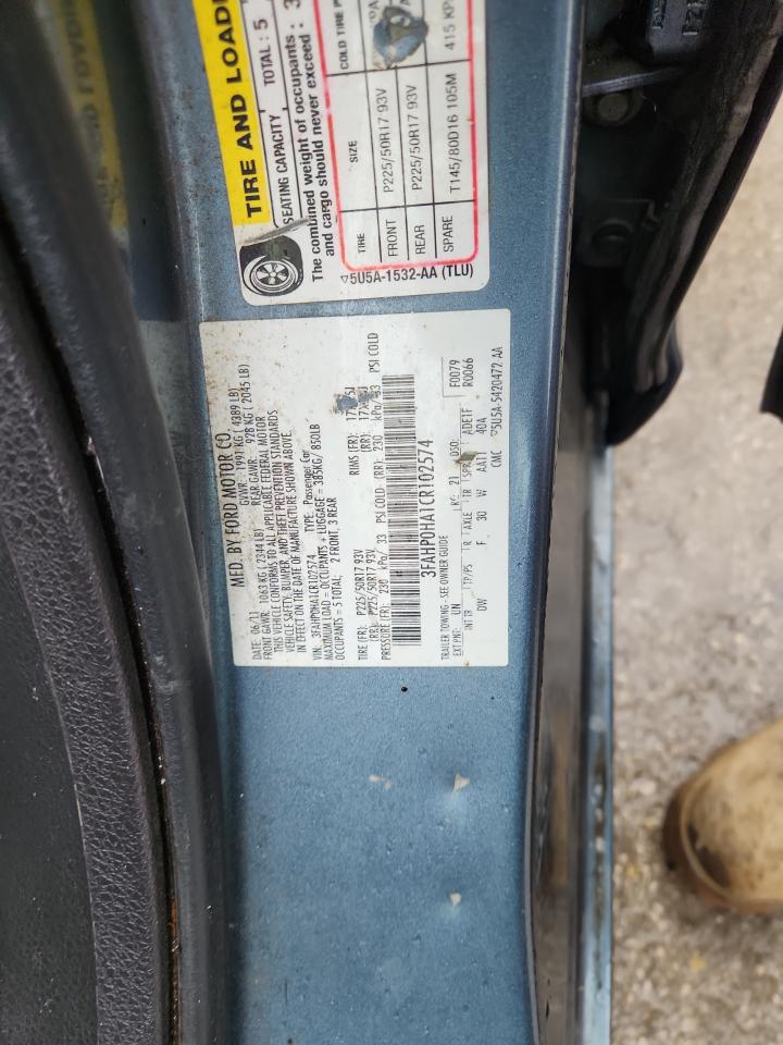 2012 Ford Fusion Se VIN: 3FAHP0HA1CR102574 Lot: 86169975