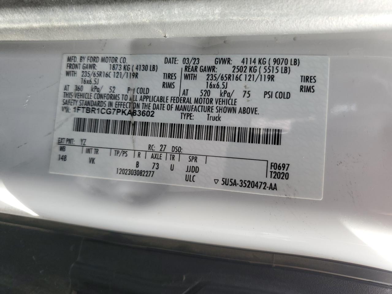 2023 Ford Transit T-250 VIN: 1FTBR1CG7PKA83602 Lot: 93359835