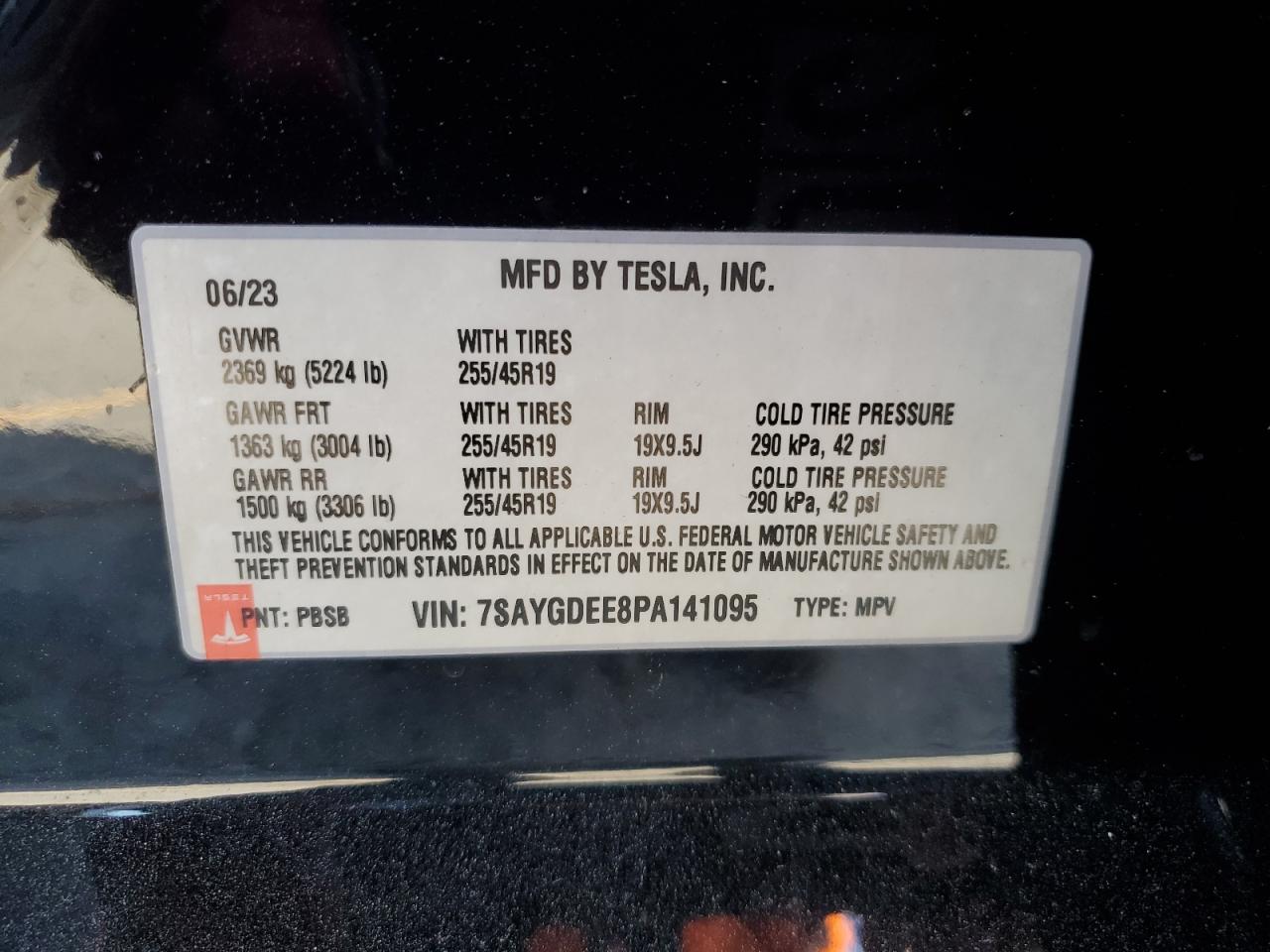 2023 Tesla Model Y VIN: 7SAYGDEE8PA141095 Lot: 84954395