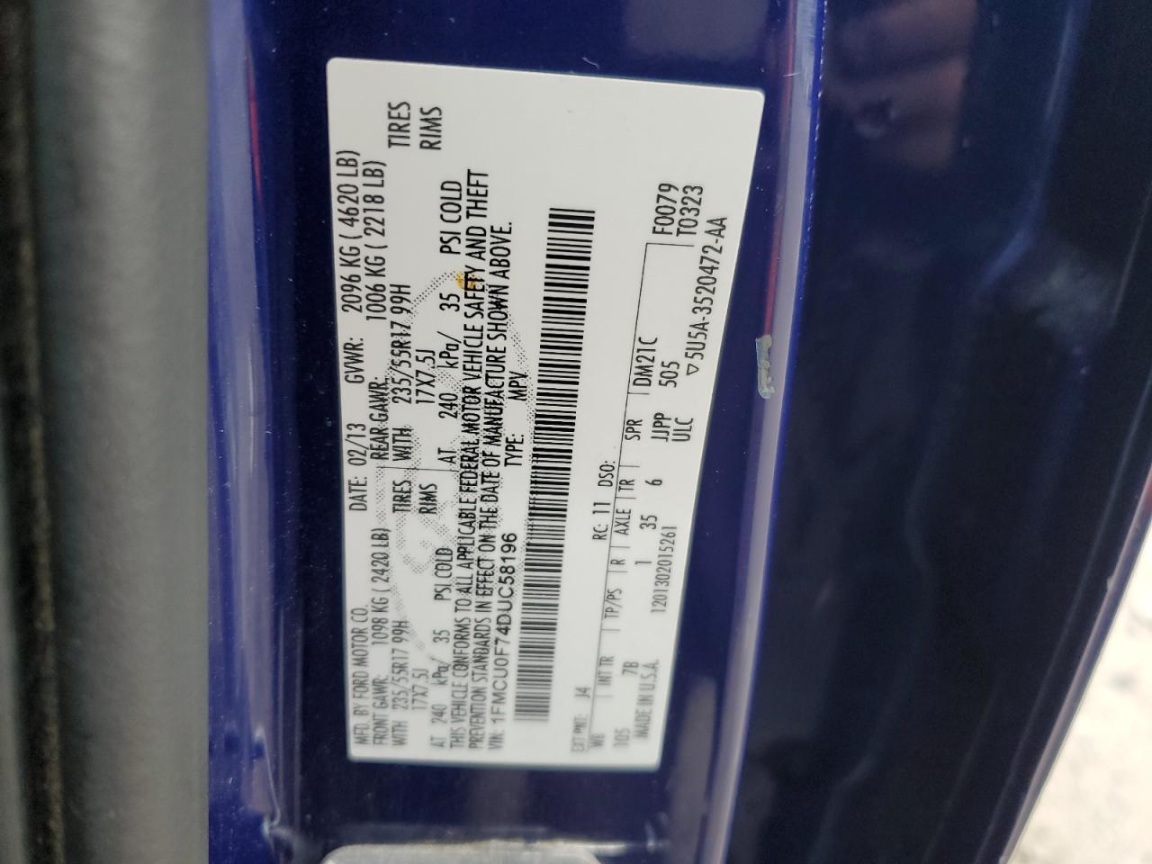 2013 Ford Escape S VIN: 1FMCU0F74DUC58196 Lot: 91096045