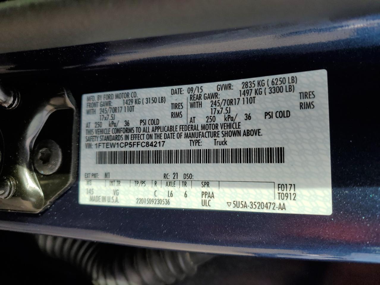 2015 Ford F150 Supercrew VIN: 1FTEW1CP5FFC84217 Lot: 85870305