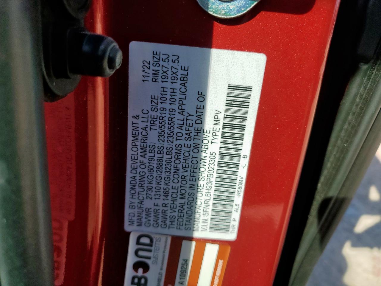 2023 Honda Odyssey Elite VIN: 5FNRL6H93PB023305 Lot: 82158555