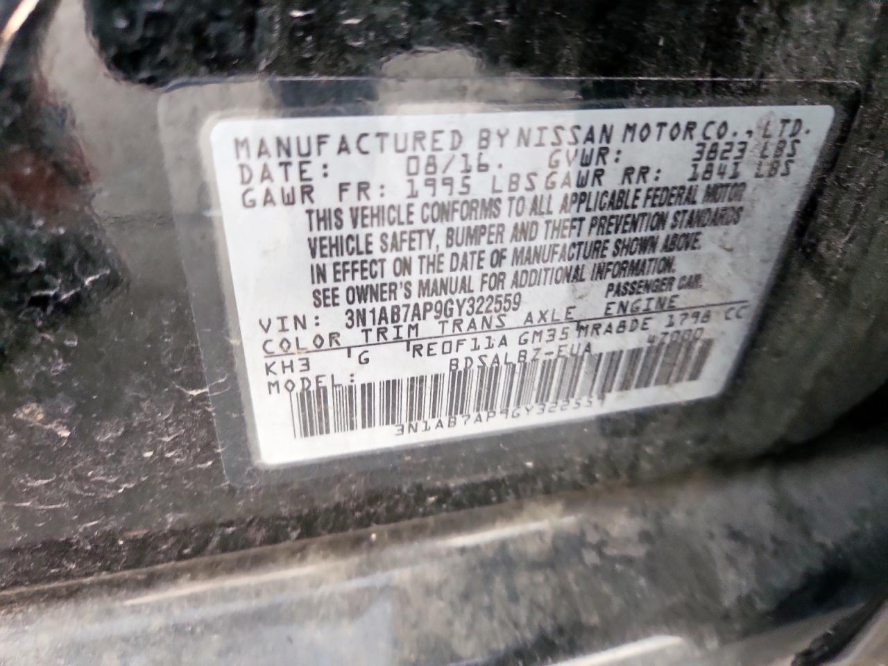 2016 Nissan Sentra S VIN: 3N1AB7AP9GY322559 Lot: 85006945