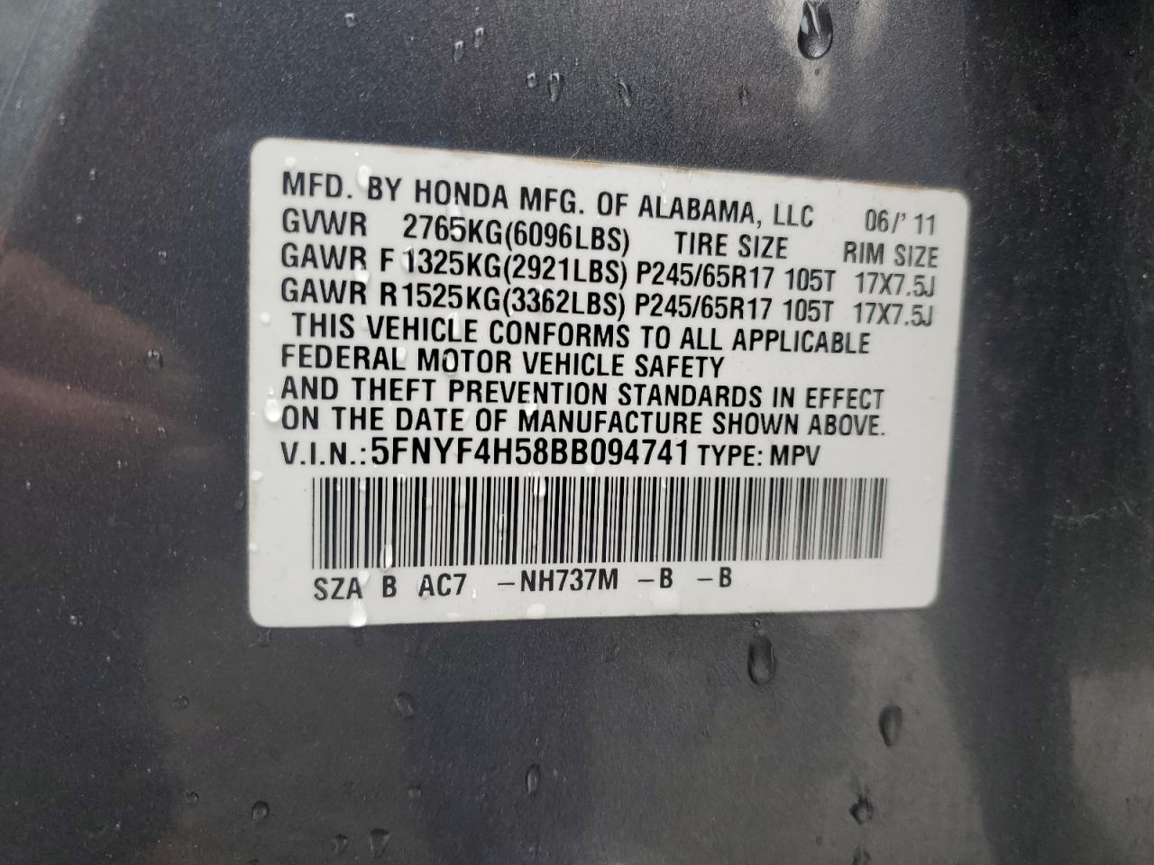 2011 Honda Pilot Exl VIN: 5FNYF4H58BB094741 Lot: 82442305