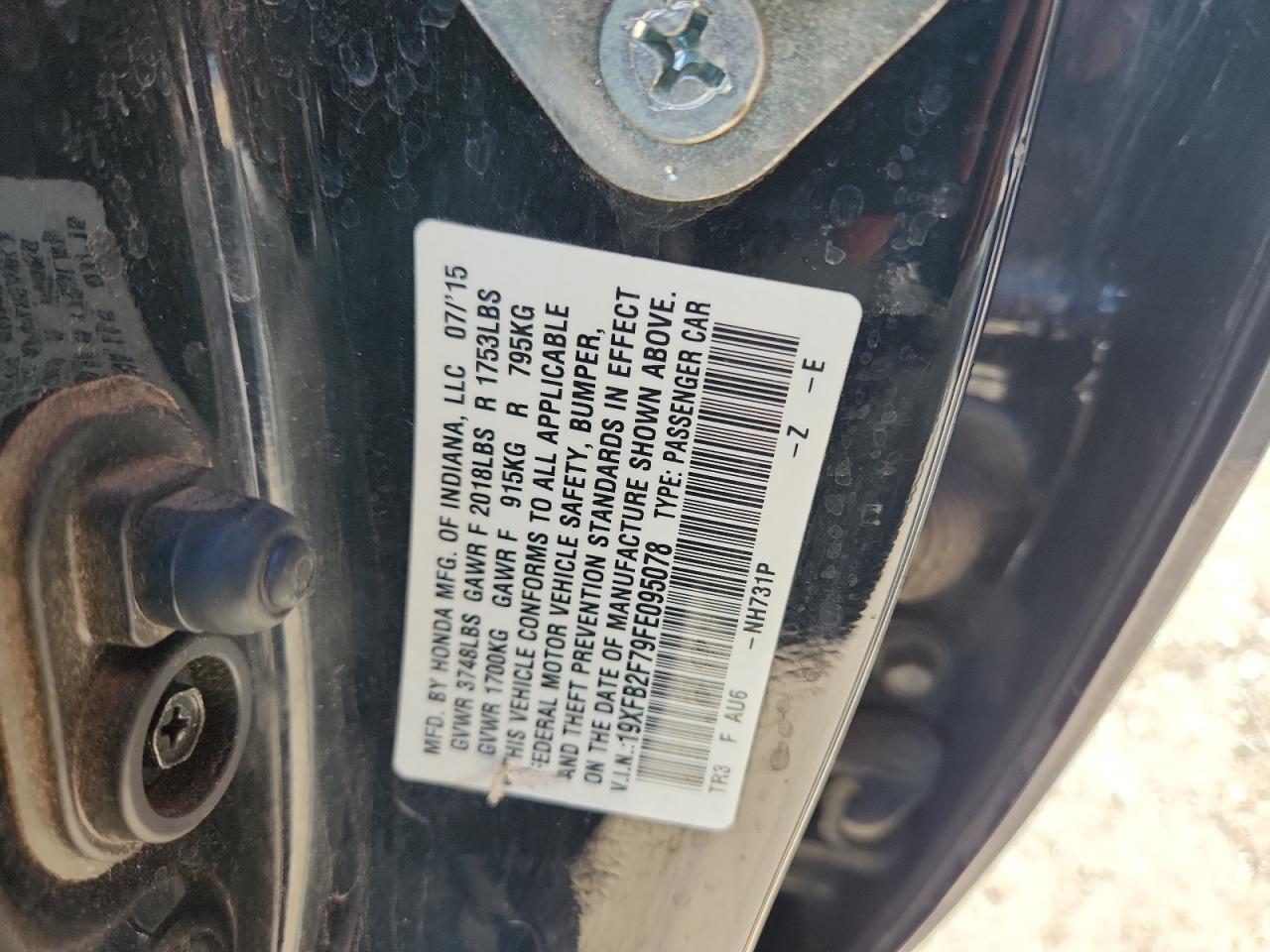 2015 Honda Civic Se VIN: 19XFB2F79FE095078 Lot: 85862505