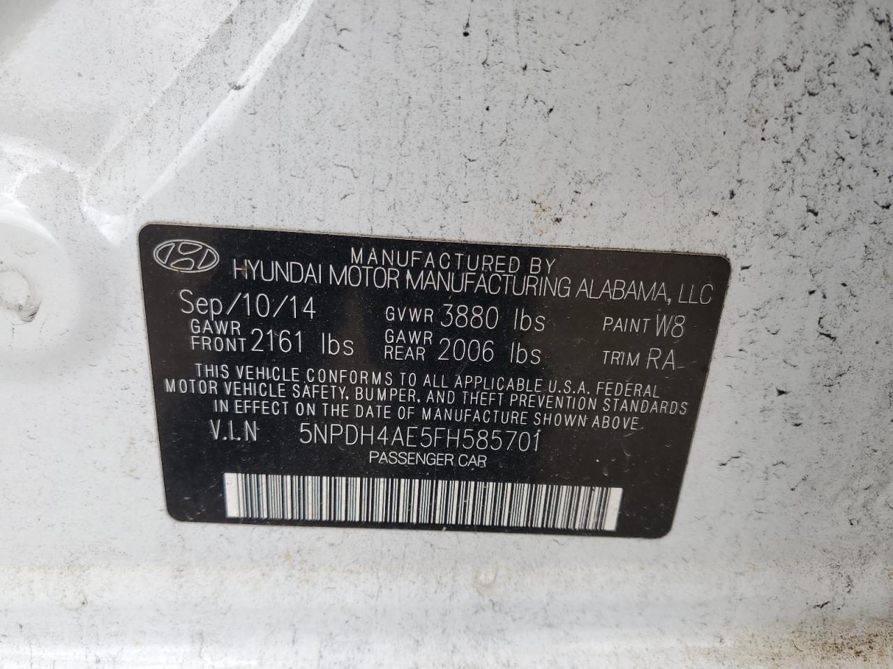 2015 Hyundai Elantra Se VIN: 5NPDH4AE5FH585701 Lot: 85698585