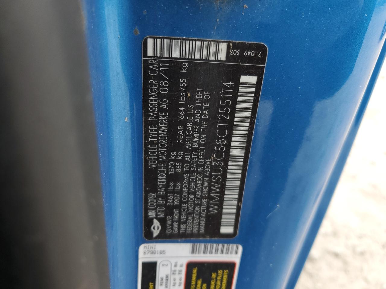 2012 Mini Cooper VIN: WMWSU3C58CT255114 Lot: 82761795