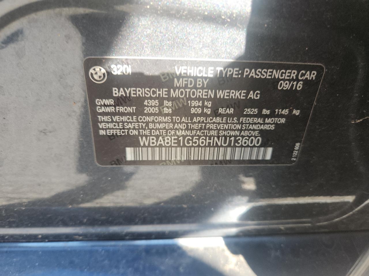 2017 BMW 320 I VIN: WBA8E1G56HNU13600 Lot: 86432735