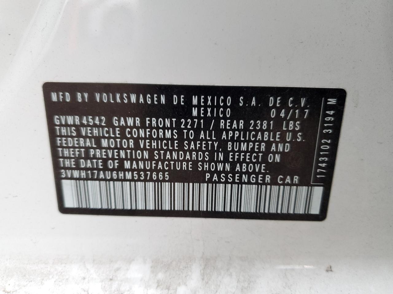 2017 Volkswagen Golf Alltrack S VIN: 3VWH17AU6HM537665 Lot: 85326185