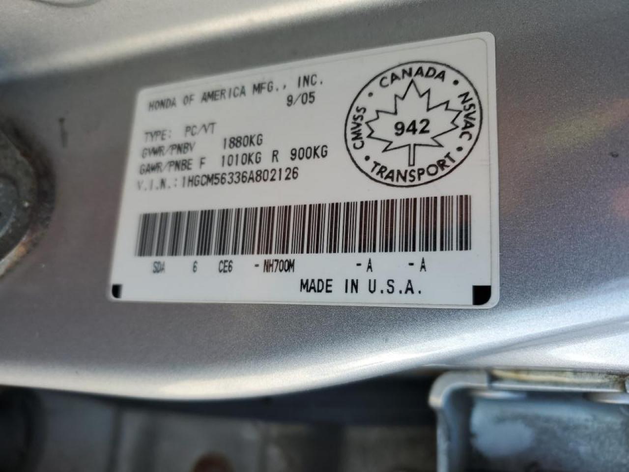 2006 Honda Accord Se VIN: 1HGCM56336A802126 Lot: 86106455