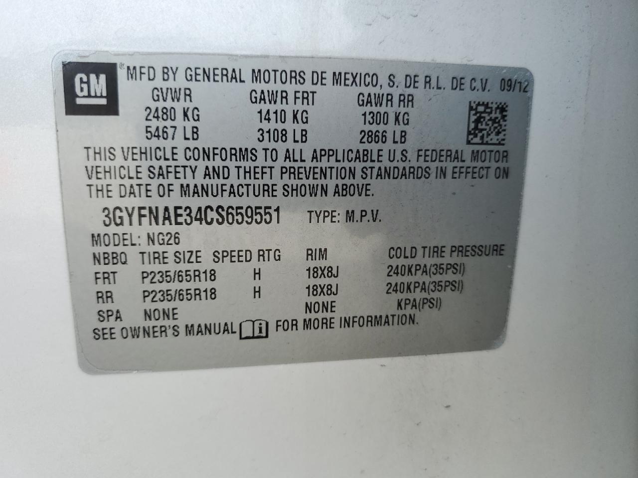 2012 Cadillac Srx Luxury Collection VIN: 3GYFNAE34CS659551 Lot: 89874675